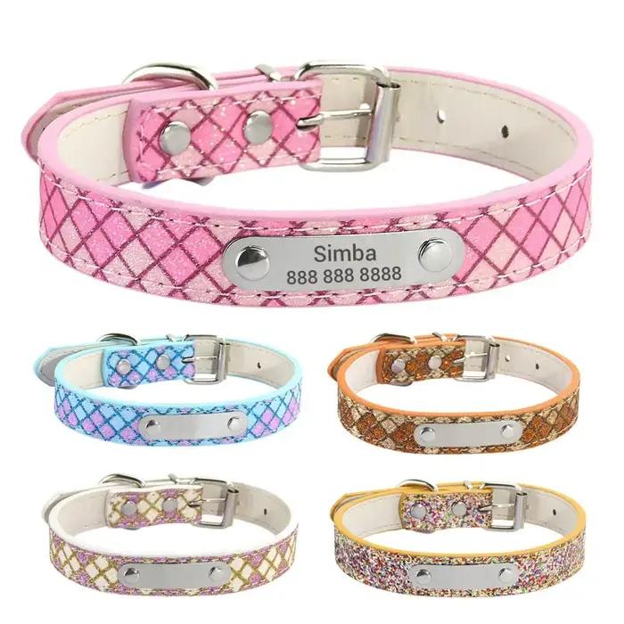 Collier personnalisé en cuir scintillant pour chiens de petite, moyenne et grande taille, parfait pour promenades et voyages