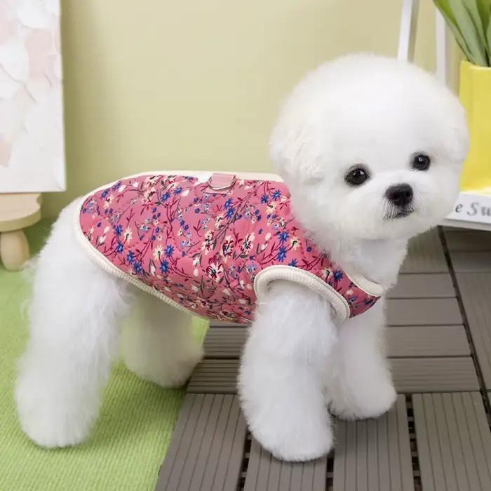 Veste Rembourrée Florale en Fibre et Polaire pour Chiens Petites Tailles, Bleu Marine, Rose, Brun et Vert Occasions Hivernales et Spéciales