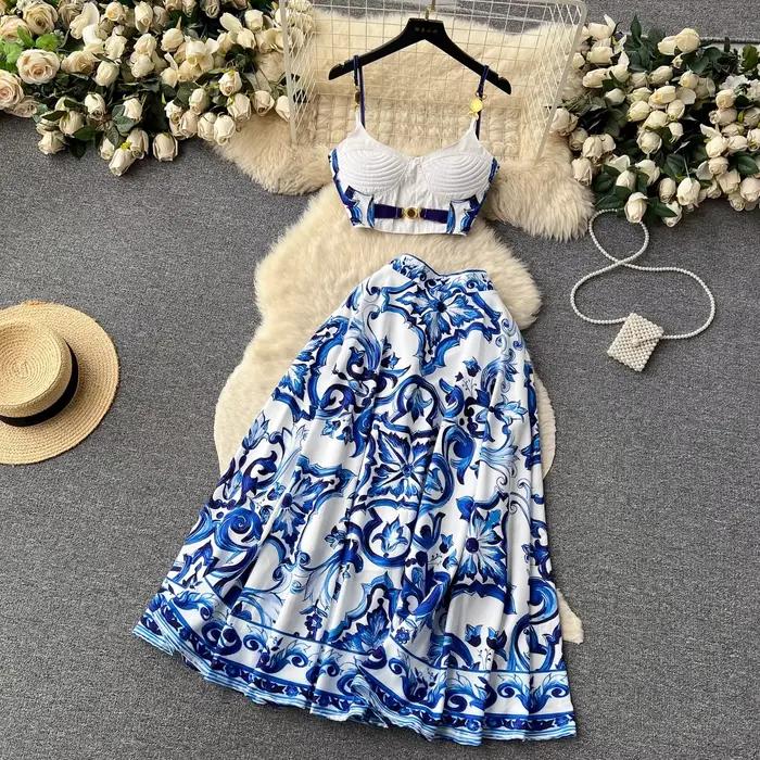 Ensemble d'été bohème en porcelaine bleue et blanche pour femme