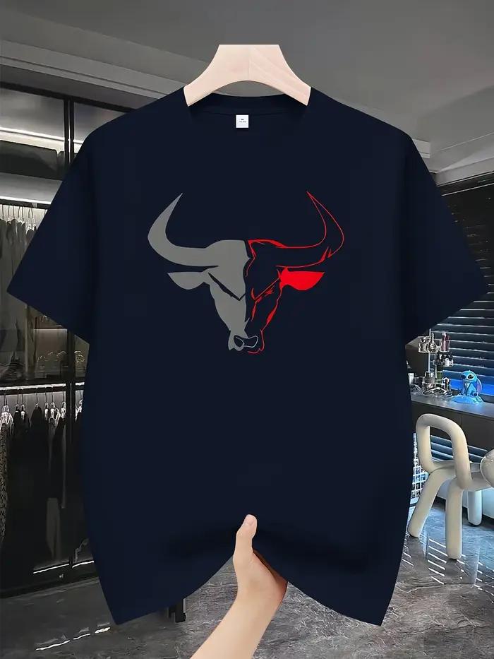 T-shirt homme en coton 100% imprimé tête de taureau gris et rouge pour style streetwear et quatre saisons