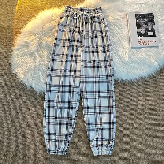 Pantalons femmes nouveau bouquet de pieds mode ample noir Plaid été Harajuku étudiants Streetwear sarouel