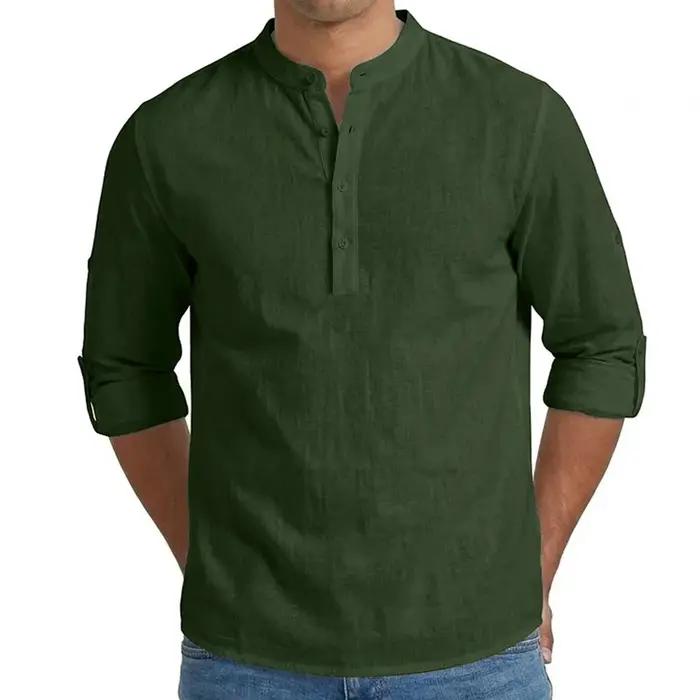 Chemises pour hommes en mélange de lin de qualité supérieure, hauts Henley à manches longues, style