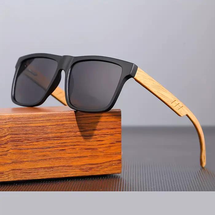 Lunettes de soleil carrées décontractées, Grain de bois, charnières à ressort, Protection UV400, uni