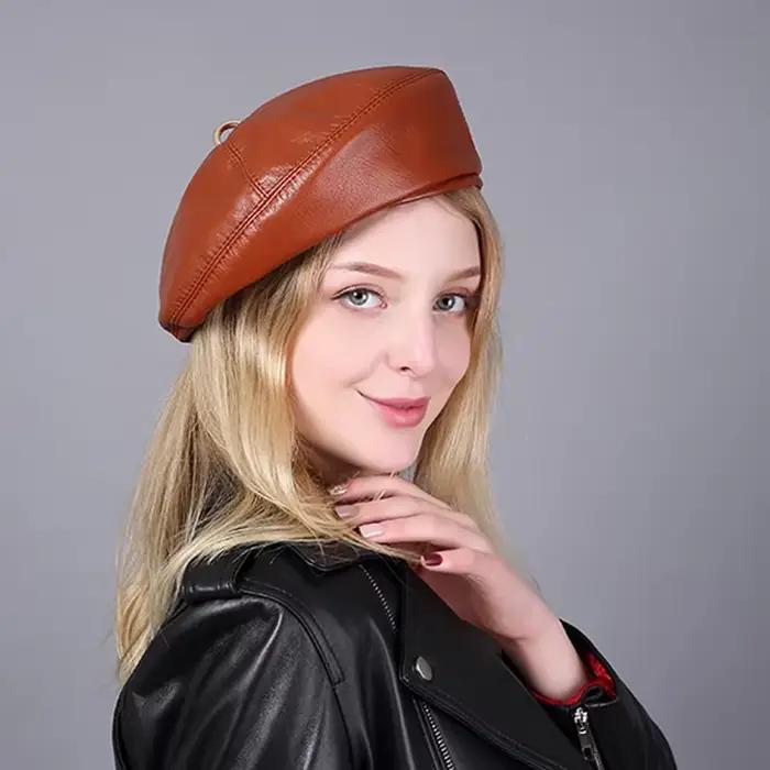 Chapeau béret en cuir véritable pour femme, casquette de peintre de citrouille européenne, couleur a