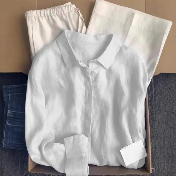 Chemise en lin français pour femmes, été, fin, ample, coton, lin, manches longues, Protection solaire, couleur Pure, haut boutonné pour femmes