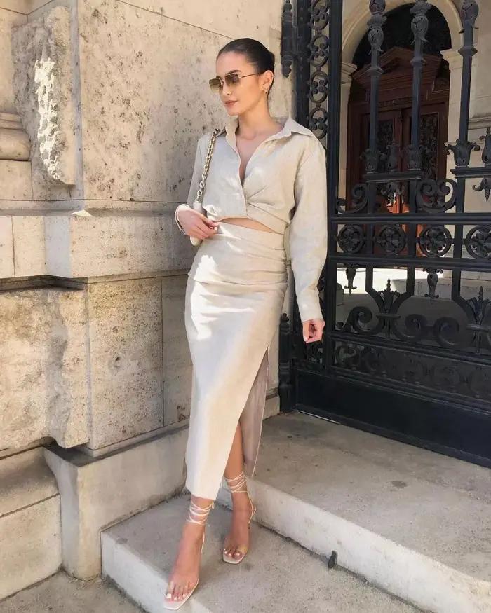 Chemise courte à manches longues et col rabattu pour femme, jupe décontractée fendue sur le côté, de