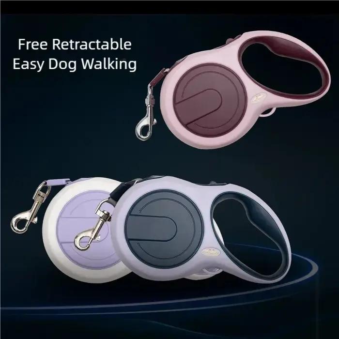 Laisse rétractable automatique en nylon robuste pour chien avec corde extensible pour courses et promenades en extérieur couleurs rose violet noir