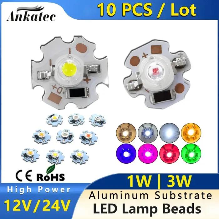 10 pièces 12V 24V DC LED haute puissance couleur unique perle 1W 3W avec plaque d'aluminium blanc ch