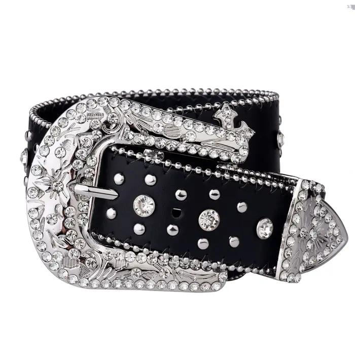 Ceinture à rivets croisés noirs, boucle gravée, décor en strass, ceinture en PU, Hip Hop, pantalon e