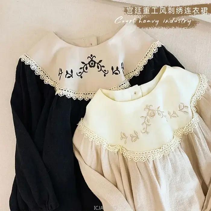 Vêtements pour adolescentes, robe Vintage à manches longues pour petites filles, en coton, princesse brodée florale, vêtements pour enfants, 2025