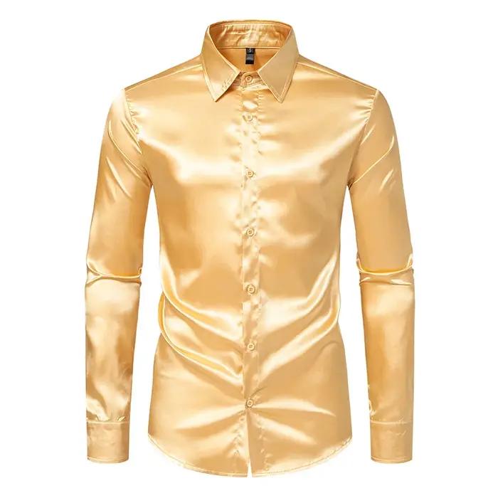 Chemises de luxe en Satin noir pour hommes, chemise de smoking lisse en soie, couleur unie, pour fêt