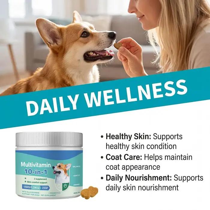 Comprimé à mâcher multivitaminé 10-en-1 pour chien avec glucosamine et probiotiques – Soutien articulaire et santé cutanée 150g