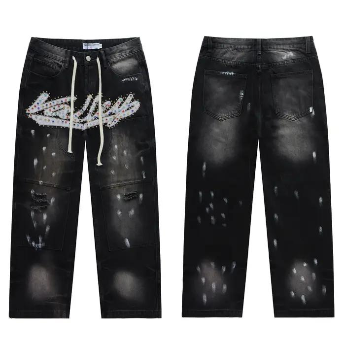 Jean baggy brodé délavé tendance 2026 pour homme – Pantalon cargo ample en denim de coton coupe droite style streetwear
