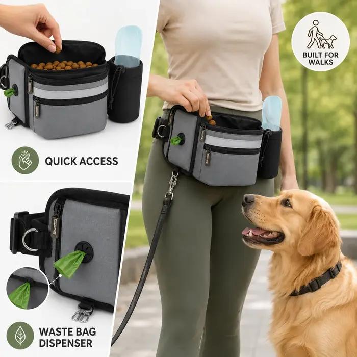Sac banane pour dressage de chien avec distributeur de sacs à déjections et porte-bouteille d'eau, réglable pour promenade et formation, sac de taille unisexe en polyester pour chiens et propriétaires