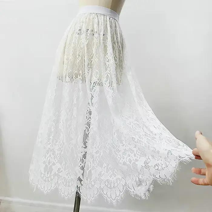 Femmes Sexy maille dentelle Transparent longue Tulle jupe mode coréenne été dames élastique taille haute noir blanc plag