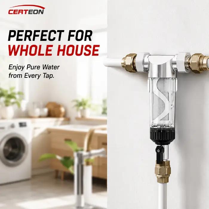 Préfiltre à Eau Domestique avec Rétrolavage Acier Inoxydable 304 40μm 4000L/h Filtre pour Tuyauterie 1/2'' 3/4'' 1'' Système de Purification d’Eau pour Toute la Maison
