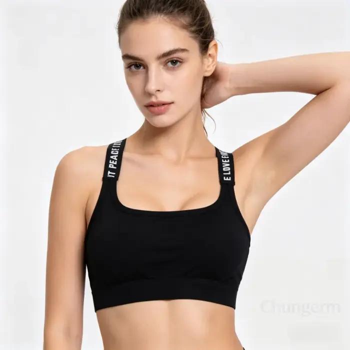 Soutien-gorge de sport sans couture pour femme, avec larges bretelles à lettres, confortable pour le yoga et le fitness, sans armatures, idéal pour l'entraînement et les activités sportives.
