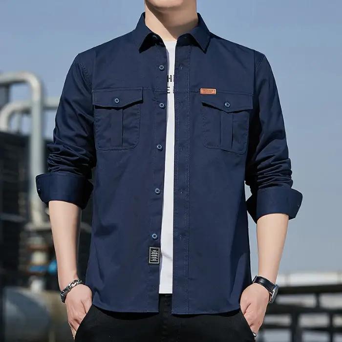 100% coton nouvelle chemise Cargo pour hommes à manches longues 2 poches chemises en plein air Blous