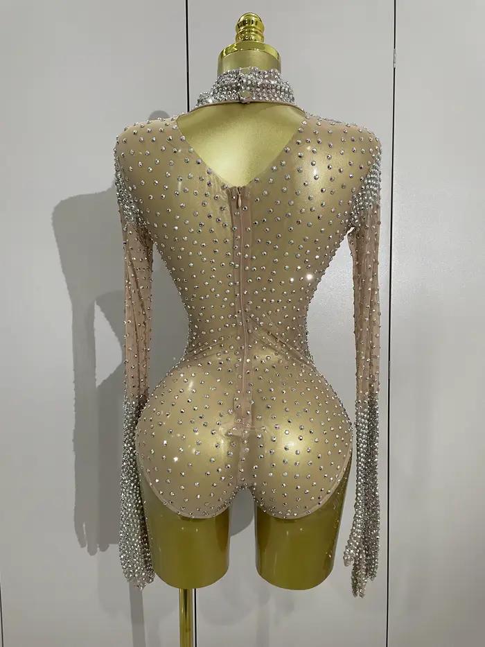 Gants à manches longues avec strass scintillants, body extensible pour femmes, soirée de luxe, fête