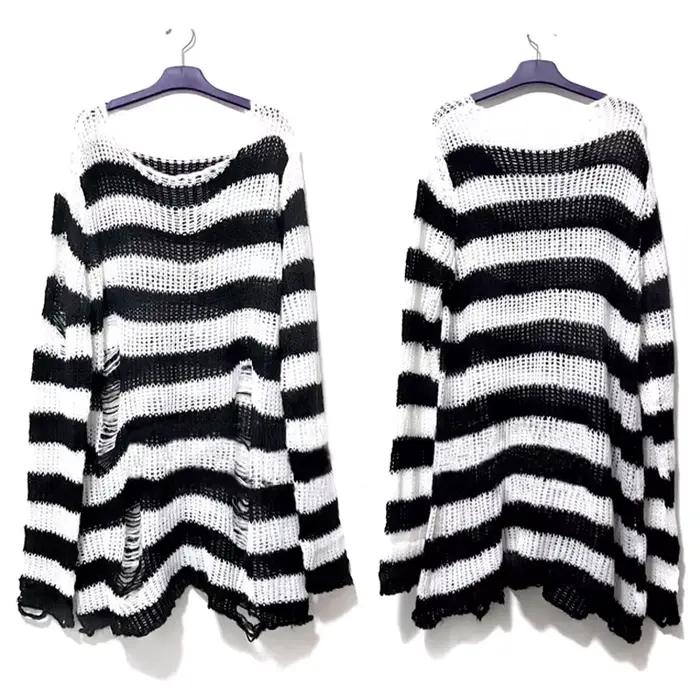 Nouveau Punk gothique Long unisexe pull été femmes rayé Cool évider trou cassé pull ample Rock mince
