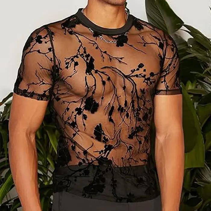 T-shirt homme été en maille et dentelle avec motifs floraux col rond pour soirée chic et élégance