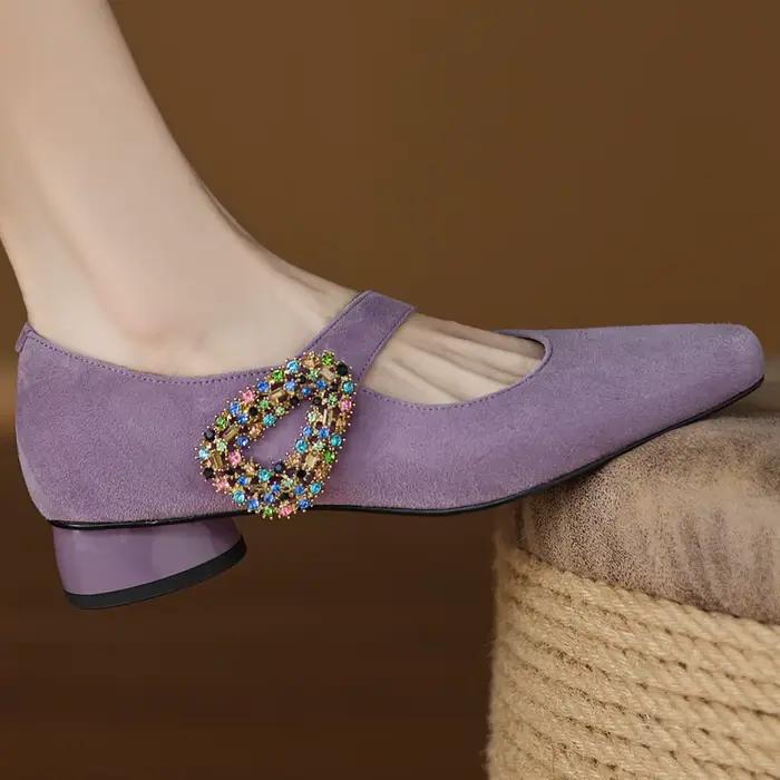 Escarpins Mary Jane à enfiler en cuir suédé naturel pour femmes, boucle en cristal, bout carré, talo