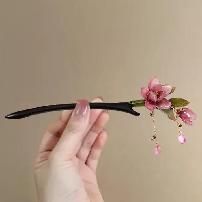 Épingle à cheveux florale de Style chinois, pompon de fleur rose, accessoire de cheveux élégant Hanf