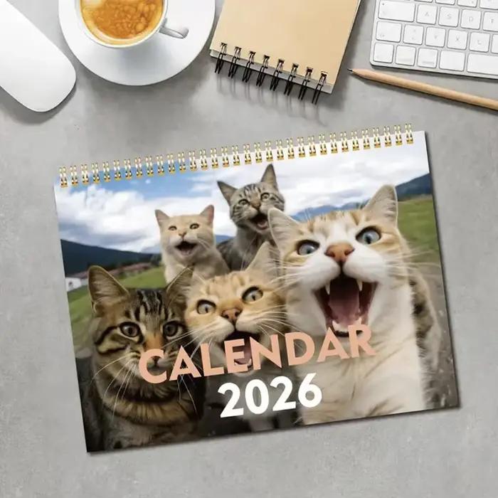 Calendrier Cat and Friends 2026 – Série Cat Selfie de 12 mois, édition anglaise, matériel papier, vue quotidienne, janvier à décembre