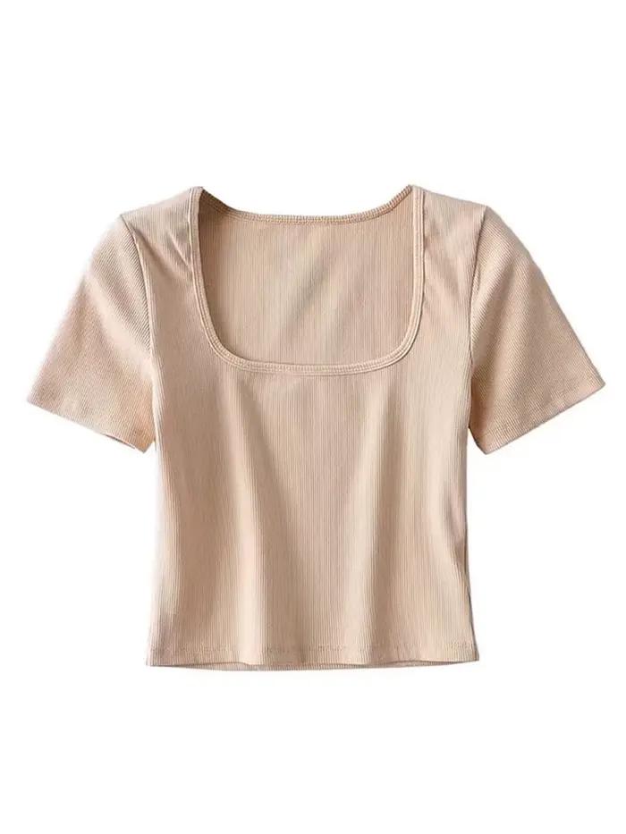T-shirt court côtelé à col carré pour femmes, haut court à manches courtes