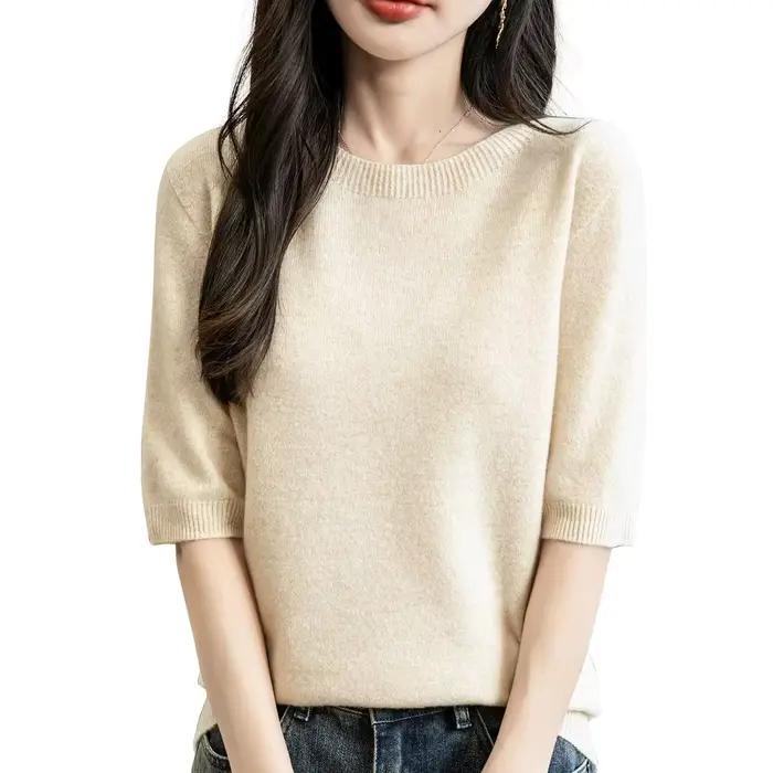 Hauts pour femmes, vêtements 100% laine mérinos, printemps automne hiver, première ligne, prêt à porter, tricoté sans couture, col rond, pull à manches courtes