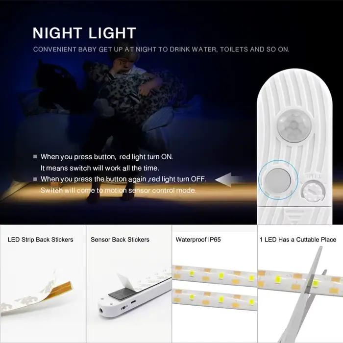 Bande Lumineuse LED avec Capteur de Mouvement PIR et Batterie de 5m, Veilleuse à Induction, Sous-meu