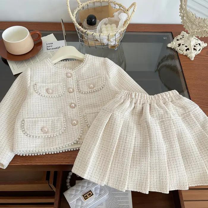 Vêtements pour adolescentes, ensemble jupe deux pièces en Tweed, tenue de luxe de styliste, manteau, Costume pour enfants, Boutique Beige, 2025