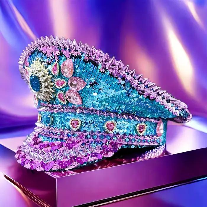 Festival de luxe strass capitaine chapeau casquette militaire sergent chapeau poule faire chapeau Mu
