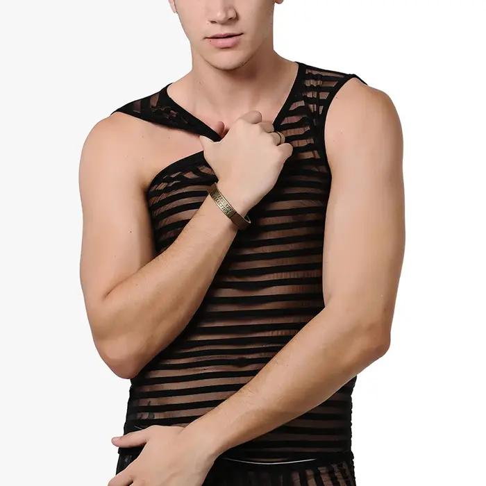 Débardeur Transparent rayé en maille pour hommes, noir, Sexy, à séchage rapide, mode décontractée, é