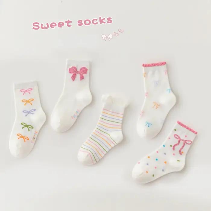 5 paires de chaussettes mi-mollet avec nœud papillon pour enfants filles, en coton peigné sélectionn