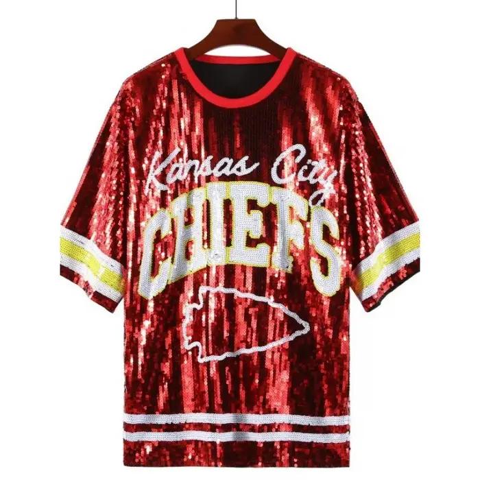 Summer Rugby Team Uniform Sequined Jersey Red Color Letters Printed Women's Sequined Heavy Industry