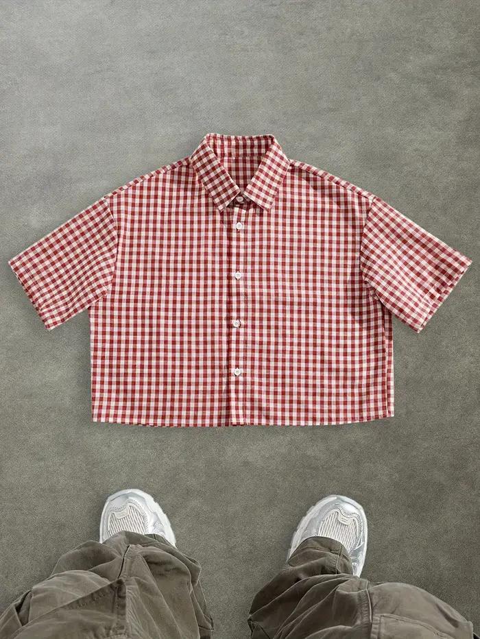 Chemise en polyester décontractée à carreaux pour homme printemps été occasions quotidiennes sportives sorties collégiale