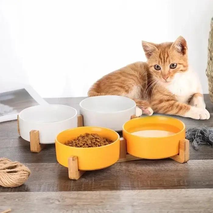Filles en céramique pour animaux de compagnie avec support en bois