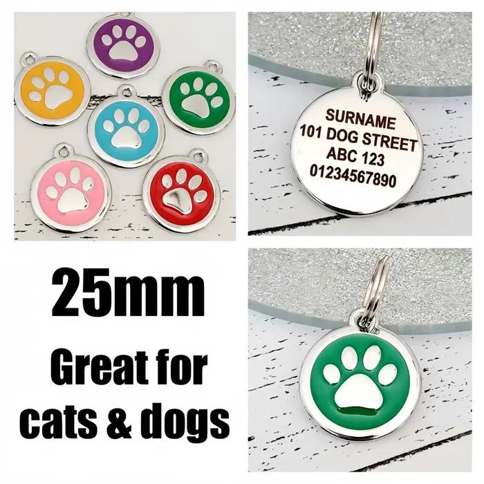 Alliage d'argent de qualité gravé au laser avec étiquette d'identification de chien ou de chat de patte colorée GLITTER