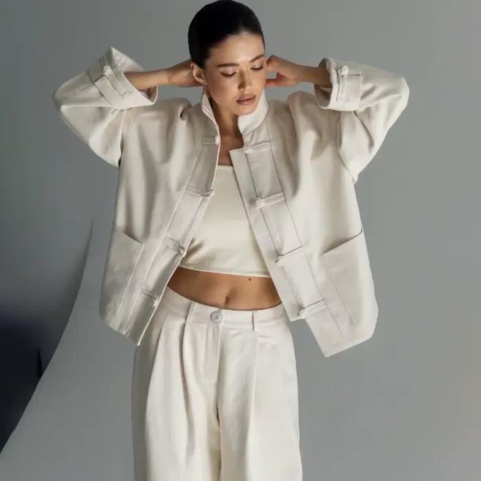 VTKW 2026 Nouvel ensemble veste et pantalon pour femme style chinois, col mandarin, boutons grenouil