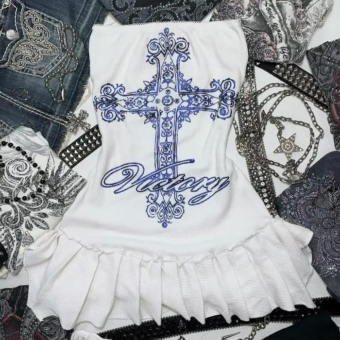 Bretelles esthétiques Y2k pour filles, vêtements Y2k, nœud gothique bleu, bas amincissant pour femme