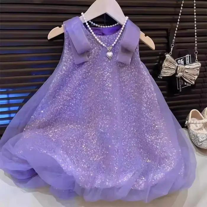 Robe d'été en dentelle à paillettes pour filles, princesse à bulles, sans manches, col rond, polyester, arc décoratif, ajustement parfait, 4-6 ans