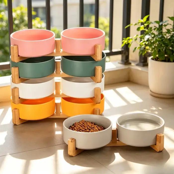 Bol en céramique pour animaux de compagnie avec support en bois