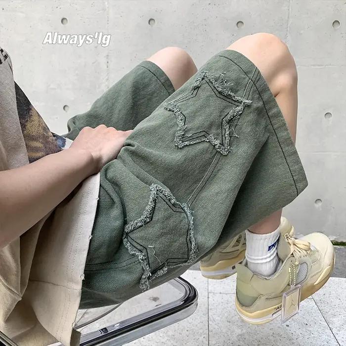 Short en denim patchwork étoile vintage pour homme high street summer chic polyvalent occassions décontractées activités extérieures