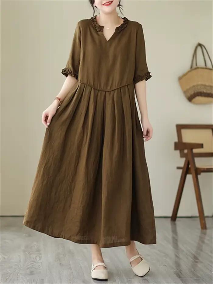 Robes en coton vintage de couleur unie pour femmes, nouvelle collection été 2026, robe longue décont
