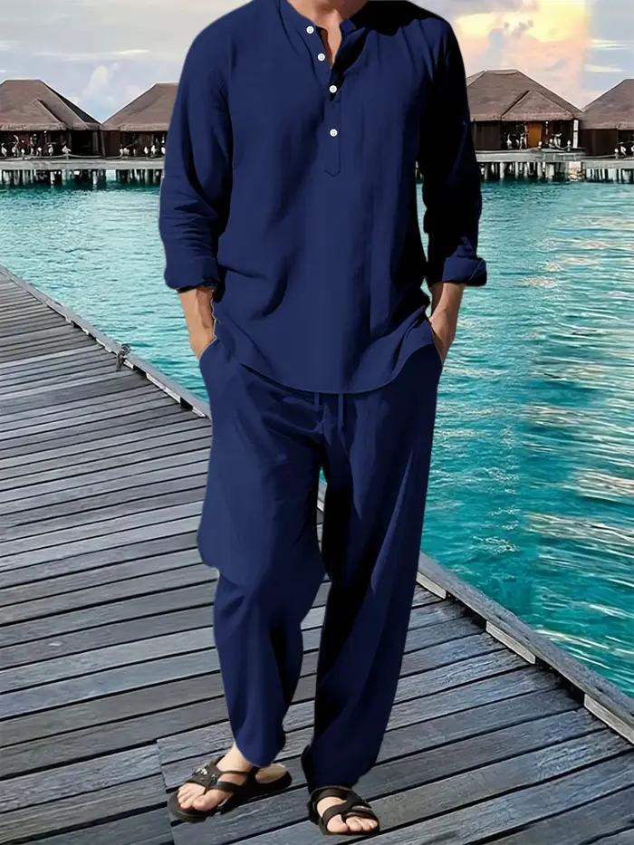 Henley – costume chemise et pantalon pour hommes, léger et respirant, Streetwear, couleur unie, bout