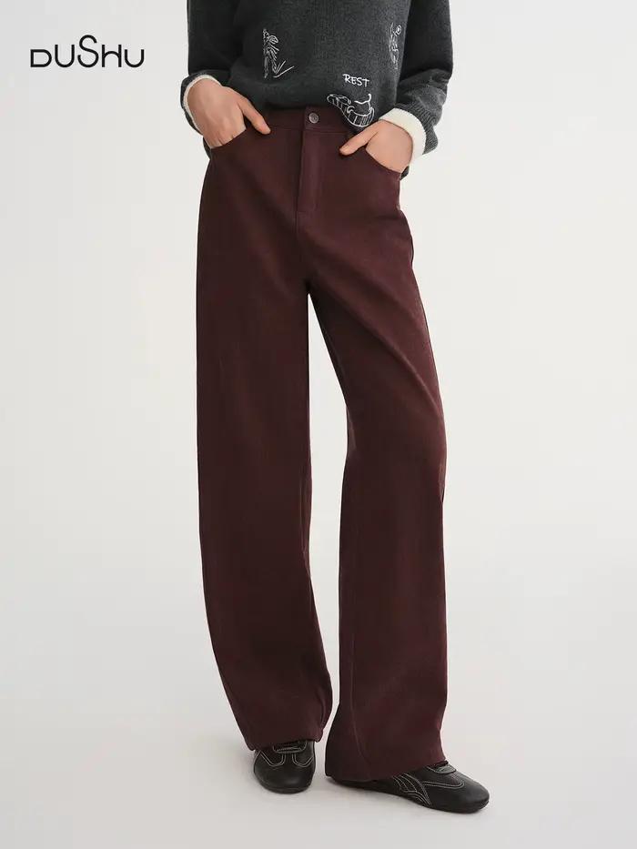 DUSHU 2025 Pantalon droit taille haute à jambes larges pour femme - Pantalon décontracté de bureau a