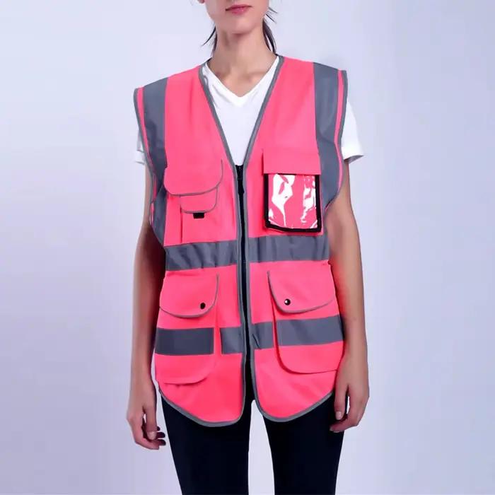 Gilet de travail rose pour hommes et femmes, gilet de sécurité haute visibilité avec poches et fermeture éclair, vêtements de travail de Construction, uniformes