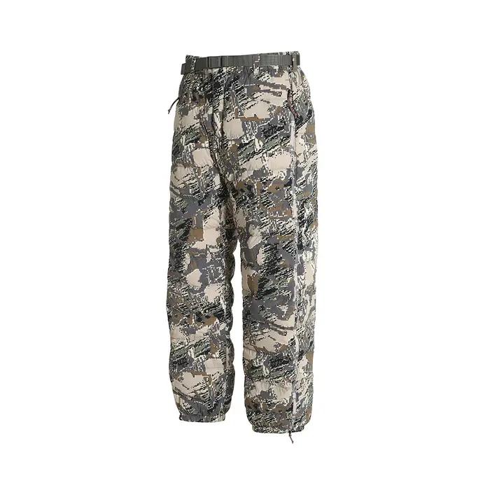 Pantalon long en duvet de canard 90%, camouflage, taille élastique, doublure en nylon et spandex, pour chasse et randonnée hivernale, confort et discrétion garantis