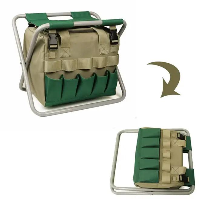 Ensemble de jardinage avec tabouret pliant et sac à outils gris clair pour un confort optimal et une organisation pratique